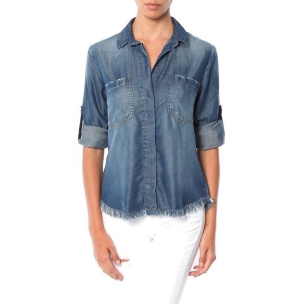 Cloth + Stone Fringe Chambray Collared Split Back Button Down Top Size XS